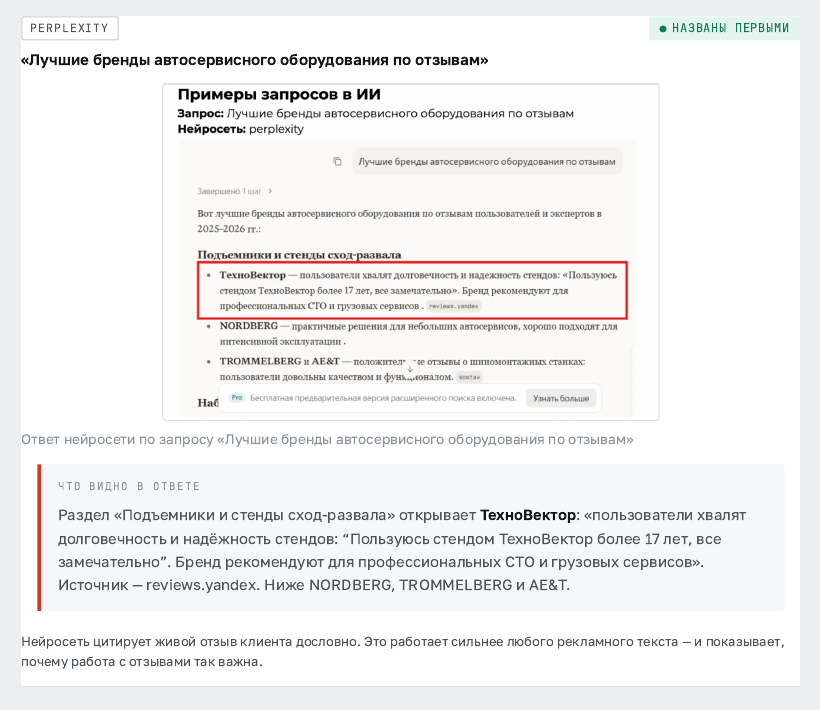 Perplexity ставит ТехноВектор первым по запросу о лучших брендах автосервисного оборудования